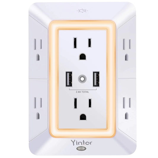 Outlet Extender with Night Light, 6 Outlet Surge Protector Power Strip with 2 USB Ports,  3 Sided Multi Plug Outlet Splitter for Home, Office, ETL Listed